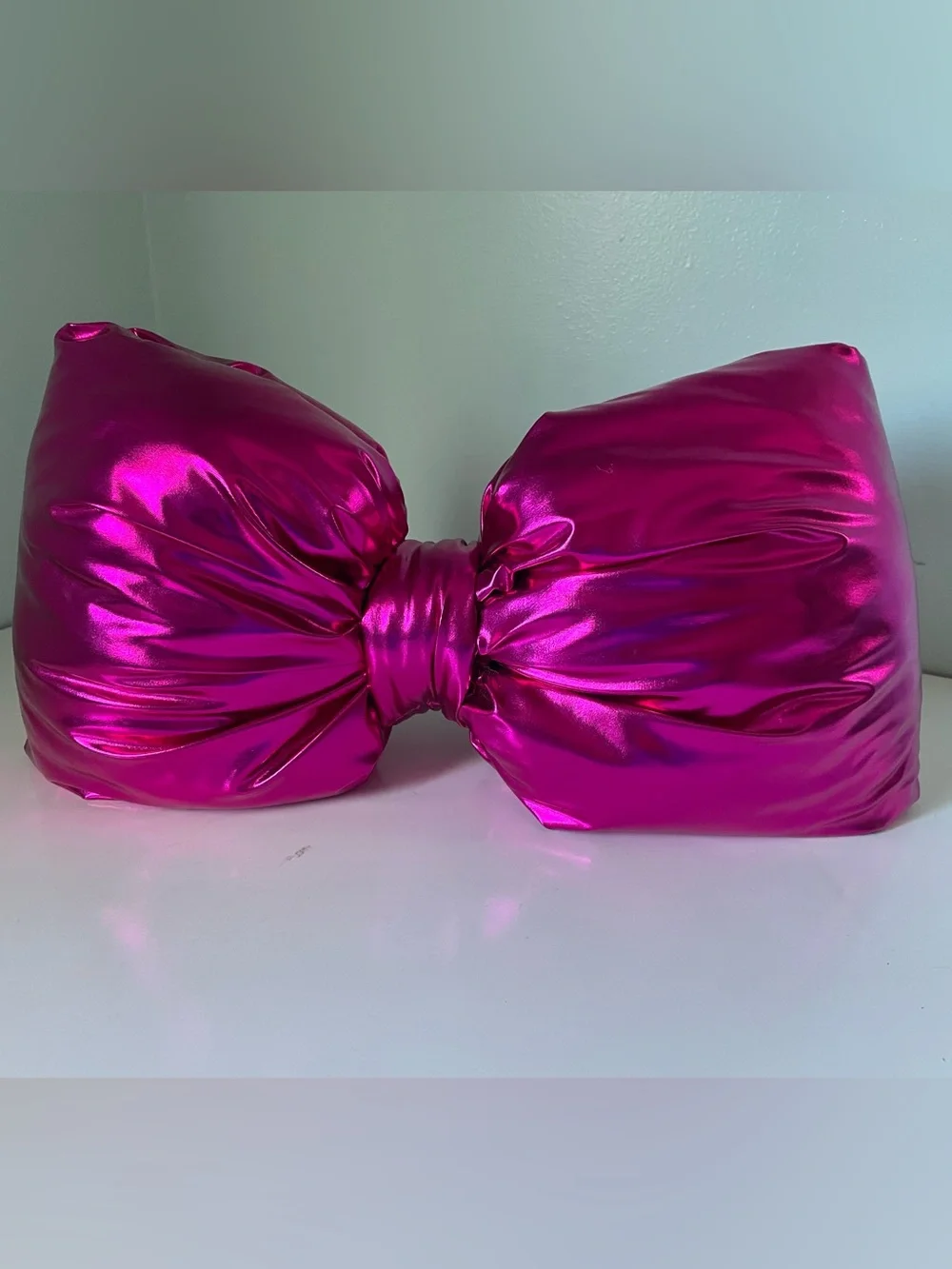 Decorative Hot Pink Bow Shaped Accent Pillow Metallic Faux Leather
